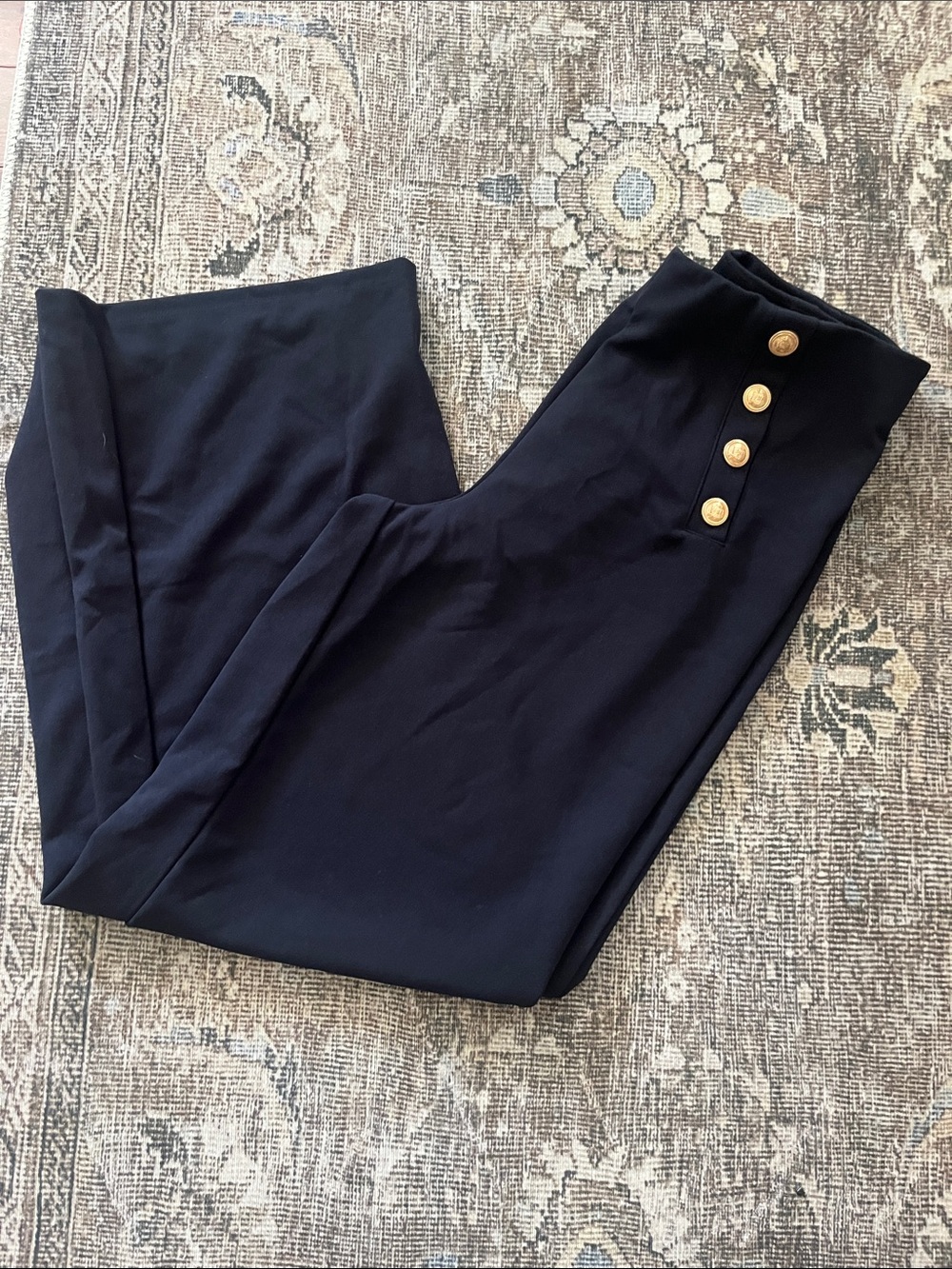 Womens H&M wide leg Navy Dress Pants with Gold Button Trim